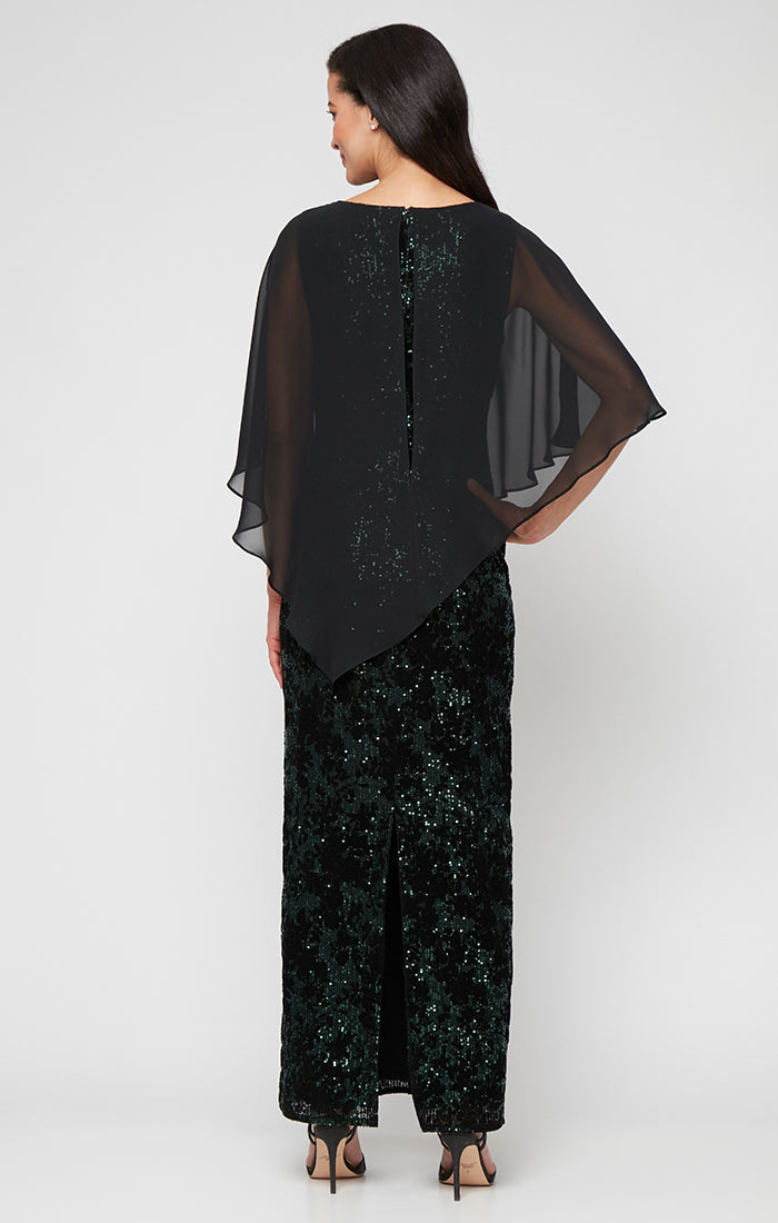 Petite Long Flocked Sequin Column Dress with Asymmetric Chiffon V-Neck Overlay