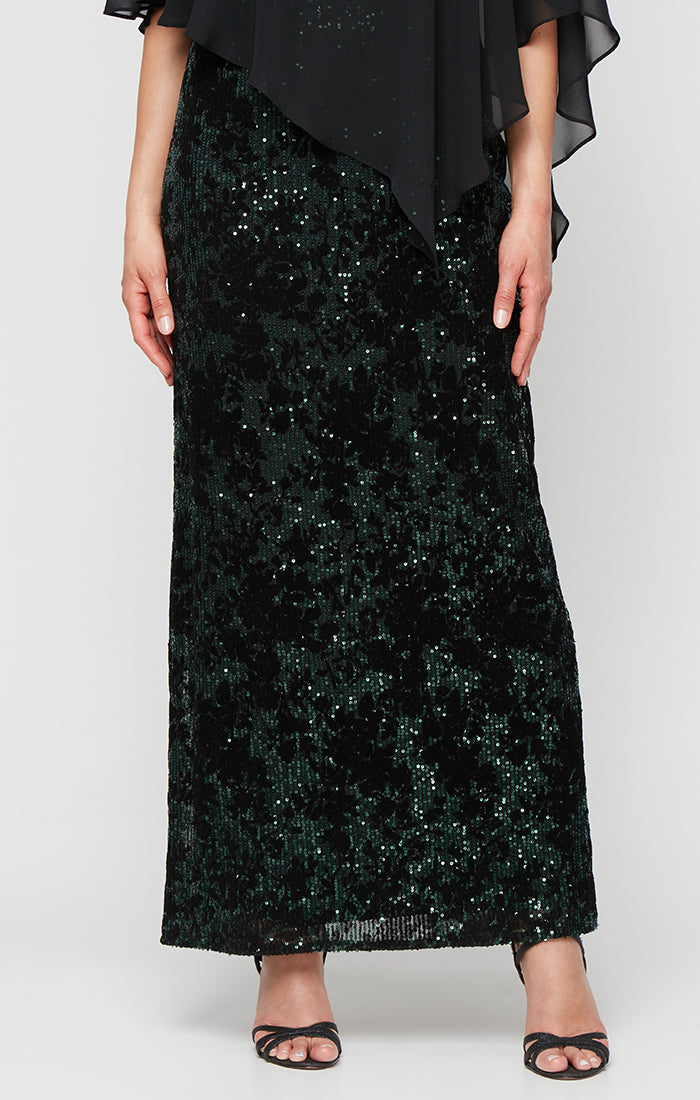 Petite Long Flocked Sequin Column Dress with Asymmetric Chiffon V-Neck Overlay