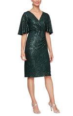 Short Sequin Surplice Sheath Dress with Capelet Sleeves