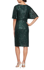 Short Sequin Surplice Sheath Dress with Capelet Sleeves