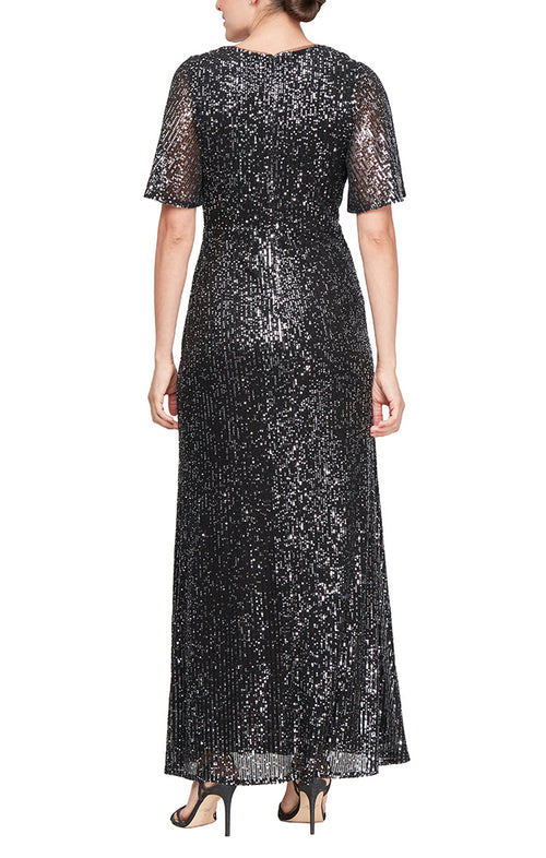 Petite Long Sequin Surplice Neckline Dress with Elbow Flutter Sleeves