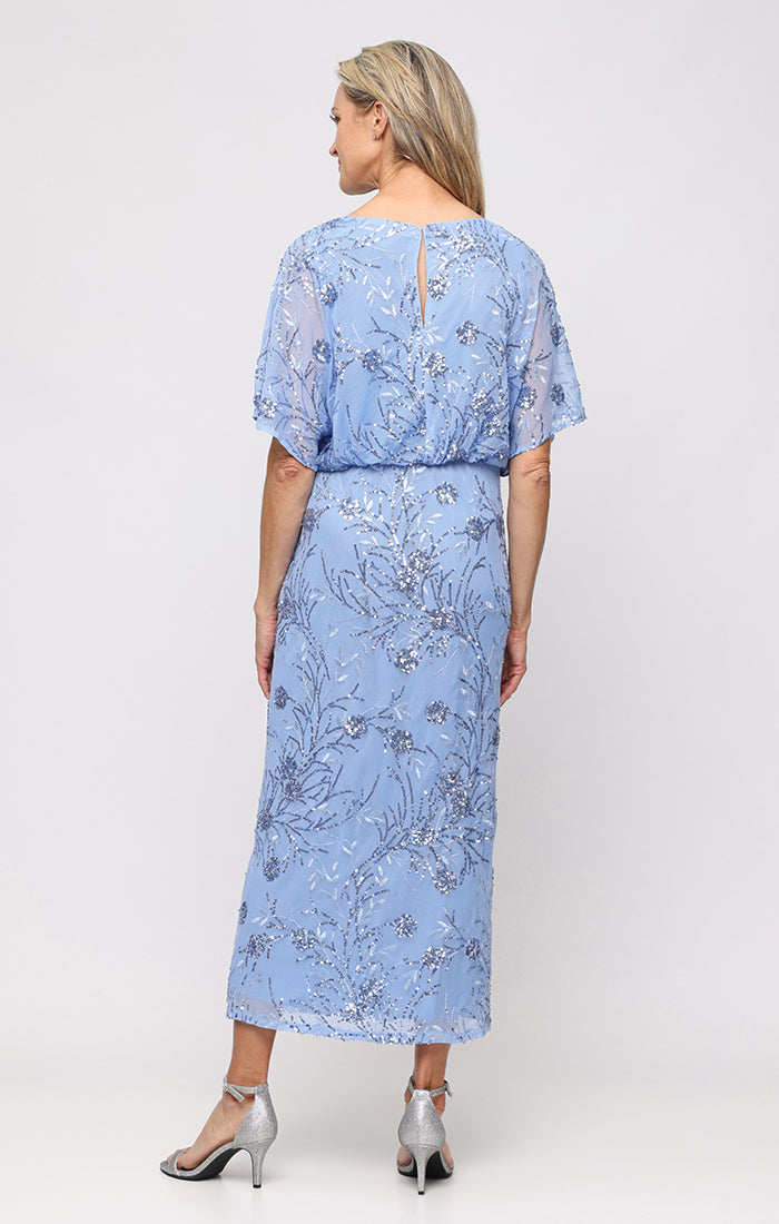 Tea Length Mesh Sequin Blouson Dress
