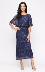 Tea Length Mesh Sequin Blouson Dress