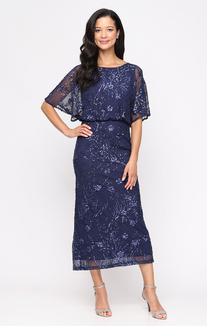 Tea Length Mesh Sequin Blouson Dress S.L. Fashions Tea Length Mesh Sequin Blouson Dress S.L. Fashions