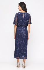 Tea Length Mesh Sequin Blouson Dress