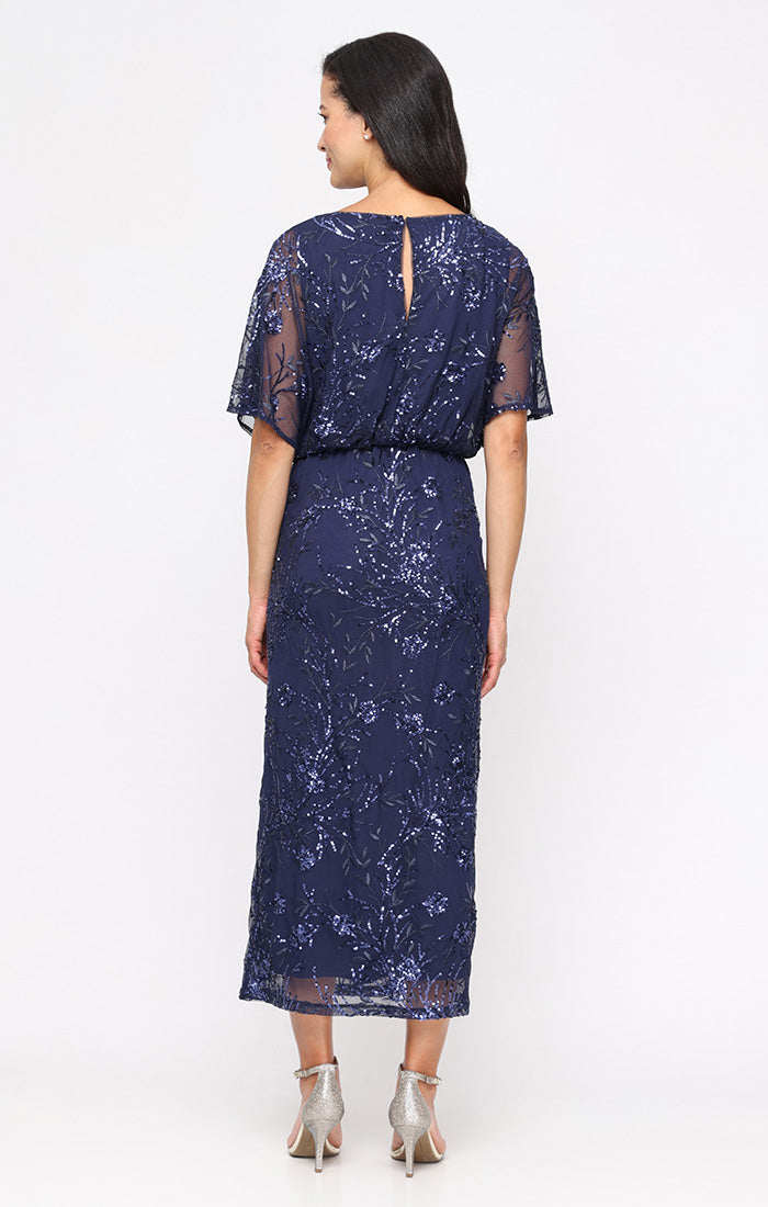 Tea Length Mesh Sequin Blouson Dress
