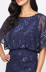 Tea Length Mesh Sequin Blouson Dress