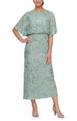 Tea Length Mesh Sequin Blouson Dress
