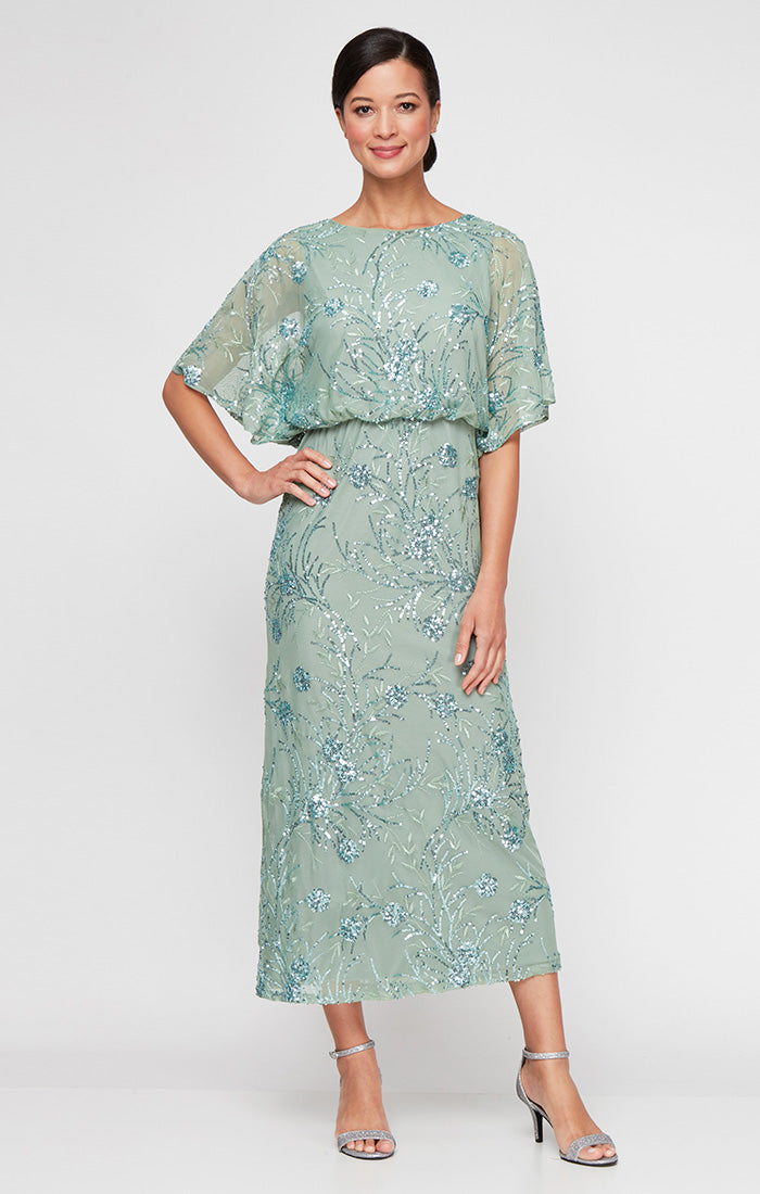 Sl Fashions Petite Sequined Blouson Dress - Sage Green