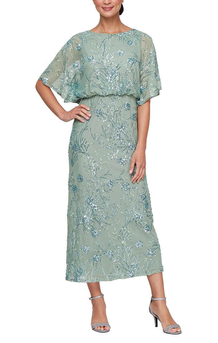 Tea Length Mesh Sequin Blouson Dress