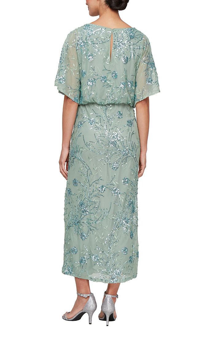Tea Length Mesh Sequin Blouson Dress