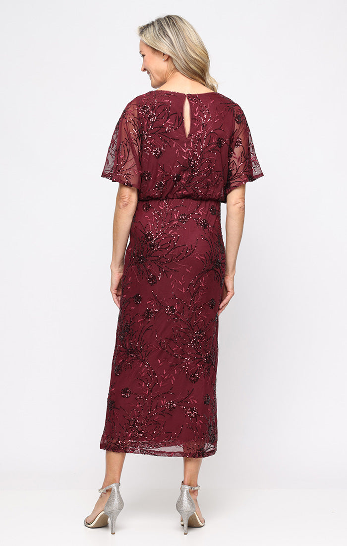 Tea Length Mesh Sequin Blouson Dress S.L. Fashions Tea Length Mesh Sequin Blouson Dress S.L. Fashions
