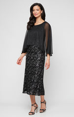 Tea Length Printed Sequin Dress with Chiffon Overlay Bodice