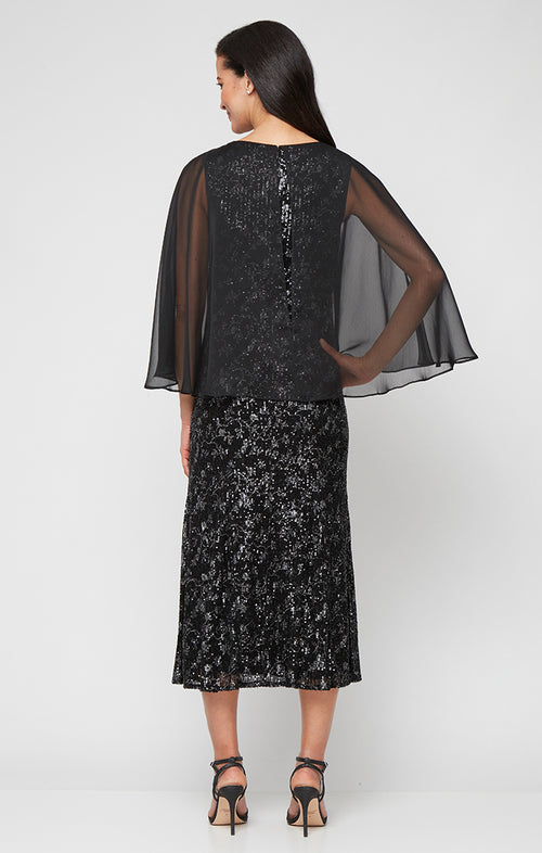 Tea Length Printed Sequin Dress with Chiffon Overlay Bodice