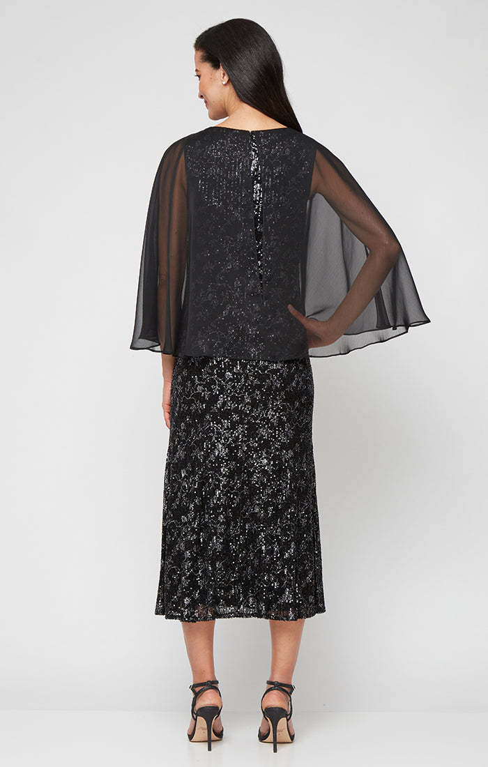 Tea Length Printed Sequin Dress with Chiffon Overlay Bodice