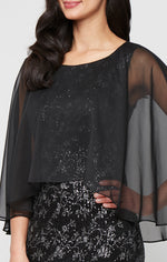 Tea Length Printed Sequin Dress with Chiffon Overlay Bodice
