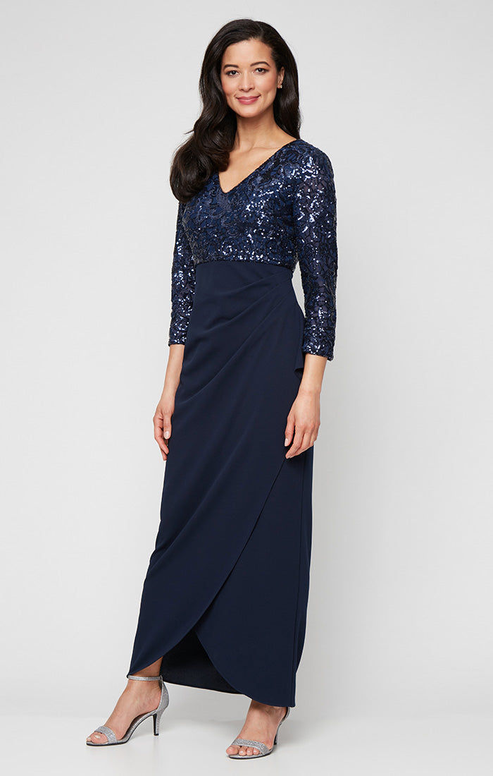 Long Stretch Sequin Empire Waist Dress with V-Neckline and Scuba Crepe Cascade Detail Skirt