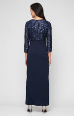 Long Stretch Sequin Empire Waist Dress with V-Neckline and Scuba Crepe Cascade Detail Skirt