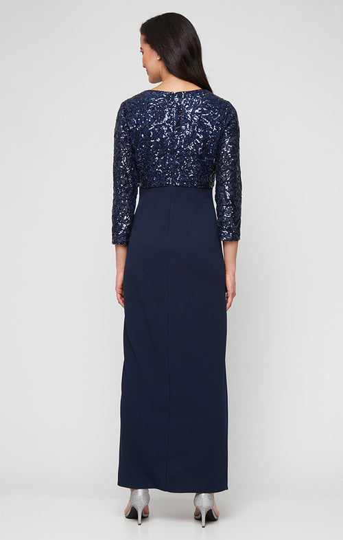 Long Stretch Sequin Empire Waist Dress with V-Neckline and Scuba Crepe Cascade Detail Skirt