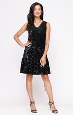 Short Sleeveless Shift Dress with V-Neckline and Flounce Hem
