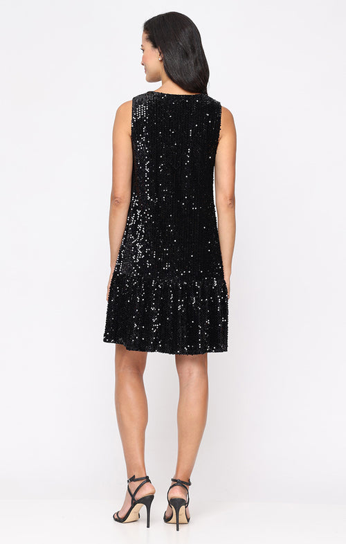 Short Sleeveless Shift Dress with V-Neckline and Flounce Hem