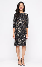 Short Embroidered Sequin Sheath Dress with Ruched Waist