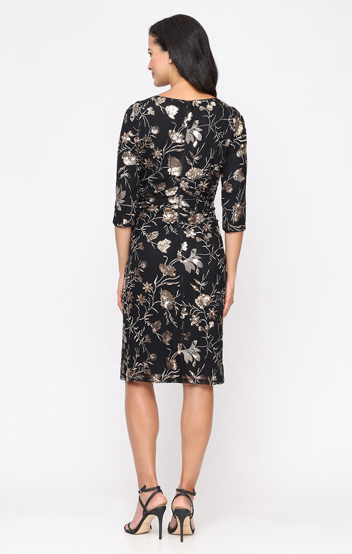 Short Embroidered Sequin Sheath Dress with Ruched Waist