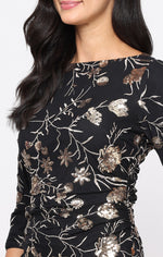 Short Embroidered Sequin Sheath Dress with Ruched Waist
