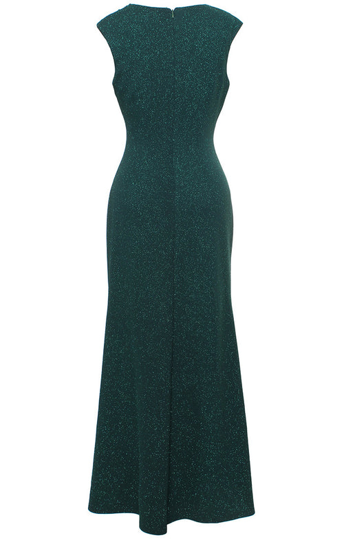 Petite Long Metallic Knit Sleeveless Surplice Neckline Dress with Embellished Shoulder & Cascade Detail