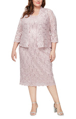 Plus Tea-Length Lace Jacket Dress with Sequin Detail