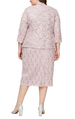 Plus Tea-Length All Over Lace Jacket Dress with Sequin Detail