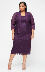 Plus Tea-Length Lace Jacket Dress with Sequin Detail