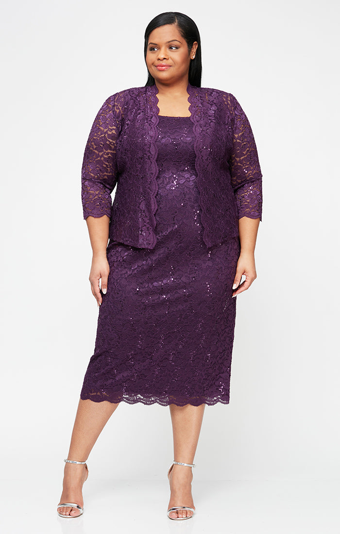 Plus Tea-Length Lace Jacket Dress with Sequin Detail
