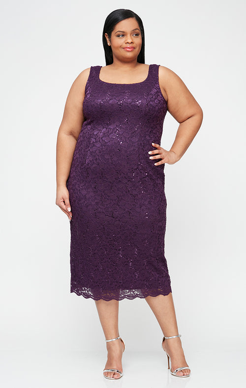 Plus Tea-Length Lace Jacket Dress with Sequin Detail