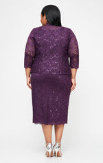 Plus Tea-Length Lace Jacket Dress with Sequin Detail