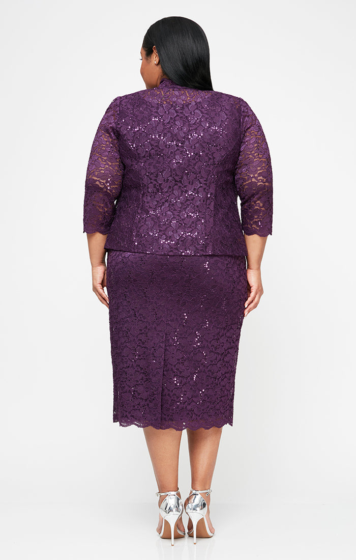 Plus Tea-Length Lace Jacket Dress with Sequin Detail