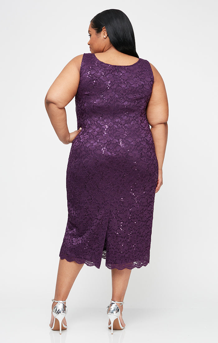 Plus Tea-Length Lace Jacket Dress with Sequin Detail