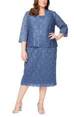 Plus Tea-Length Lace Jacket Dress with Sequin Detail