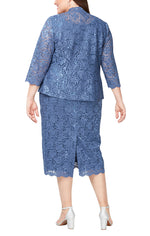 Plus Tea-Length Lace Jacket Dress with Sequin Detail