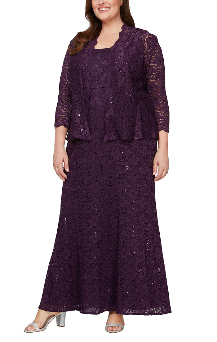 Plus Long Fit and Flare Sequin Lace Dress with Scoop Neckline and Scallop Detail Open Jacket