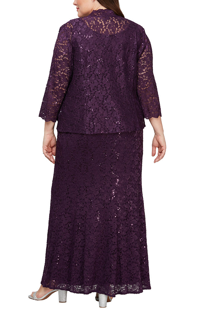 Plus Long Fit and Flare Sequin Lace Dress with Scoop Neckline and Scallop Detail Open Jacket