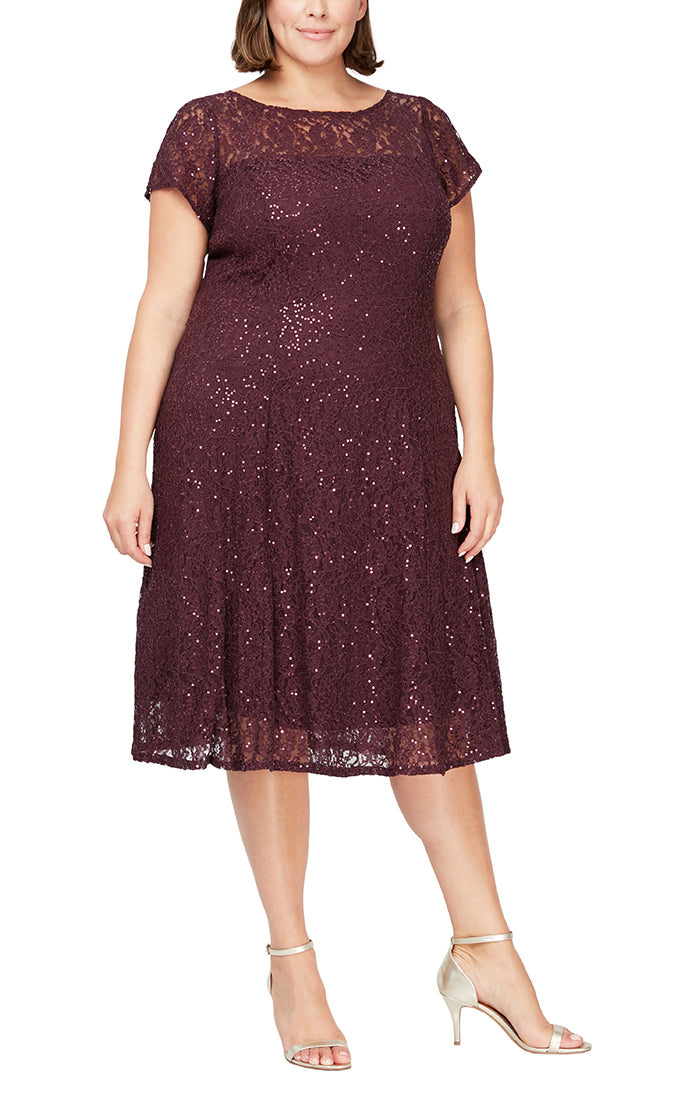 Plus - Cap Sleeve Tea Length Sequin Lace Dress