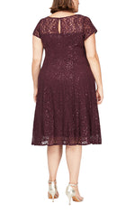 Plus - Cap Sleeve Tea Length Sequin Lace Dress