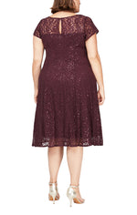 Plus - Cap Sleeve Tea Length Lace Dress