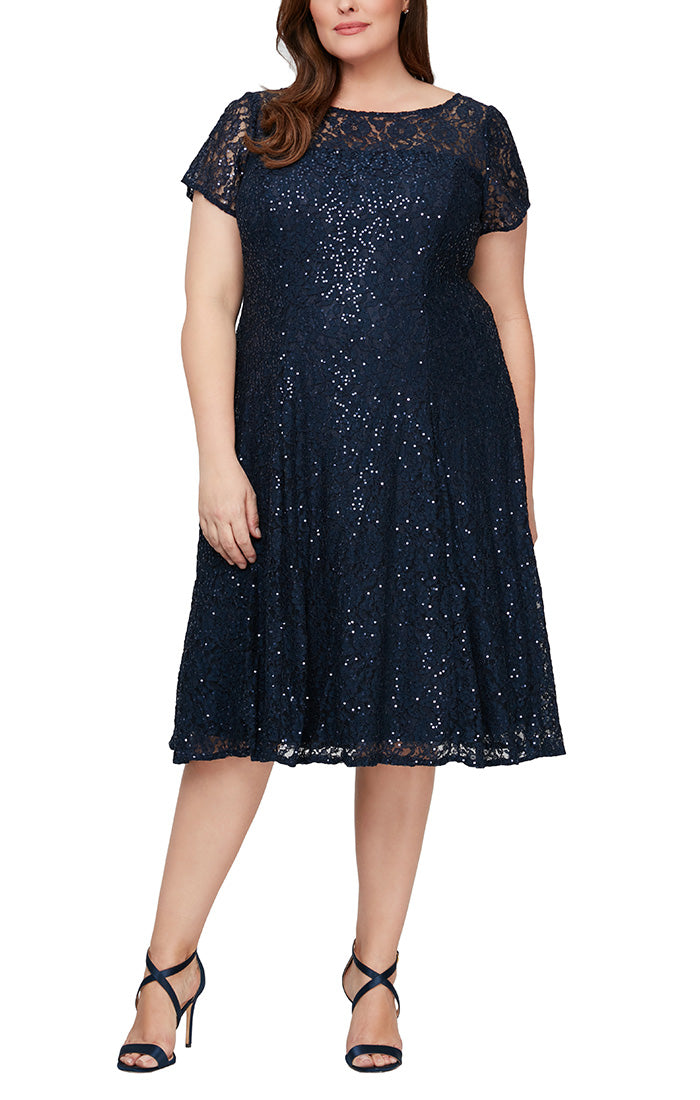 Plus - Cap Sleeve Tea Length Sequin Lace Dress