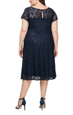 Plus - Cap Sleeve Tea Length Sequin Lace Dress