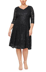 Plus Sequin Lace Tea-Length Dress