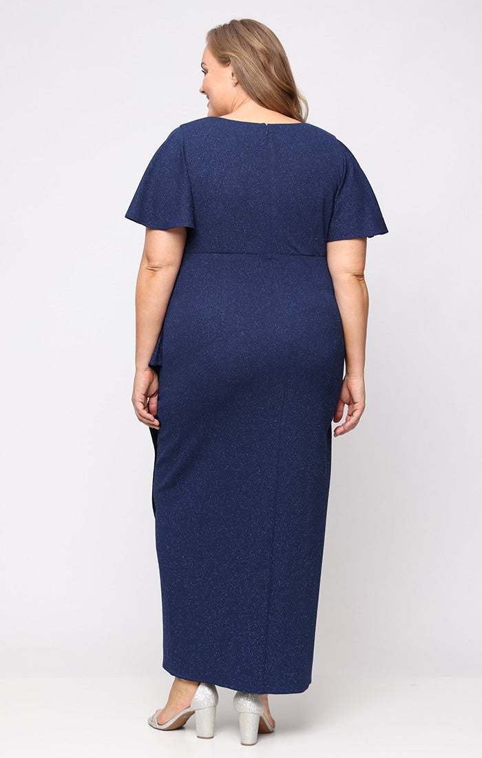 Plus Long Empire Waist Dress with Surplice Neckline, Flutter Sleeves, Embellishment Detail at Hip and Cascade Skirt