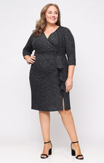Plus Short Metallic Knit Sheath Dress with Surplice Neckline and Cascade Detail Skirt