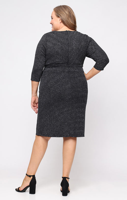 Plus Short Metallic Knit Sheath Dress with Surplice Neckline and Cascade Detail Skirt